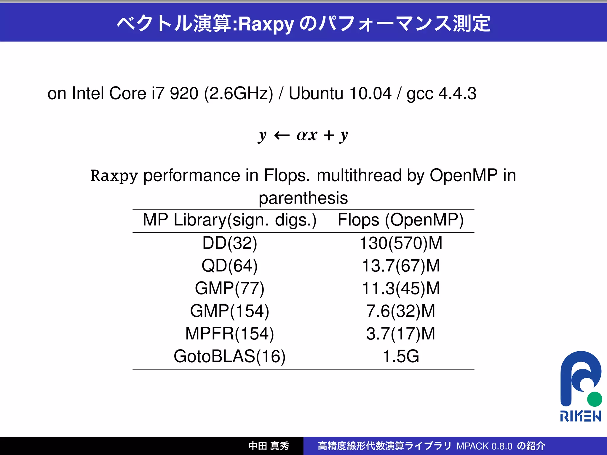 ベクトル演算:Raxpy のパフォーマンス測定


on Intel Core i7 920 (2.6GHz) / Ubuntu 10.04 / gcc 4.4.3

                           y ← αx + y

     Raxpy performance in Flops. multithread by OpenMP in
                         parenthesis
           MP Library(sign. digs.) Flops (OpenMP)
                  DD(32)               130(570)M
                  QD(64)               13.7(67)M
                 GMP(77)               11.3(45)M
                 GMP(154)               7.6(32)M
                MPFR(154)               3.7(17)M
               GotoBLAS(16)               1.5G




                          中田 真秀    高精度線形代数演算ライブラリ MPACK 0.8.0 の紹介
 