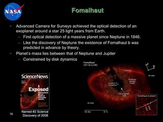 14
Fomalhaut
• Advanced Camera for Surveys achieved the optical detection of an
exoplanet around a star 25 light years from Earth.
– First optical detection of a massive planet since Neptune in 1846.
– Like the discovery of Neptune the existence of Fomalhaut b was
predicted in advance by theory.
• Planet’s mass lies between that of Neptune and Jupiter
– Constrained by disk dynamics
Named #2 Science
Discovery of 2008
 
