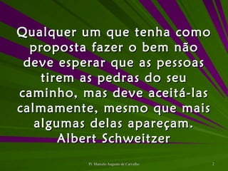 Qualquer um que tenha como proposta fazer o bem não deve esperar que as pessoas tirem as pedras do seu caminho, mas deve aceitá-las calmamente, mesmo que mais algumas delas apareçam. Albert Schweitzer 