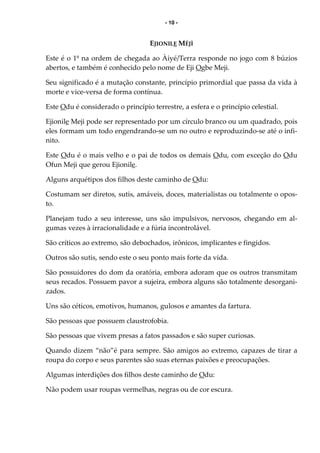 - 10 -
EJIONILE MÉJÌ
Este é o 1º na ordem de chegada ao Àiyé/Terra responde no jogo com 8 búzios
abertos, e também é conhecido pelo nome de Eji Ogbe Meji.
Seu significado é a mutação constante, princípio primordial que passa da vida à
morte e vice-versa de forma contínua.
Este Odu é considerado o princípio terrestre, a esfera e o princípio celestial.
Ejionile Meji pode ser representado por um círculo branco ou um quadrado, pois
eles formam um todo engendrando-se um no outro e reproduzindo-se até o infi-
nito.
Este Odu é o mais velho e o pai de todos os demais Odu, com exceção do Odu
Ofun Meji que gerou Ejionile.
Alguns arquétipos dos filhos deste caminho de Odu:
Costumam ser diretos, sutis, amáveis, doces, materialistas ou totalmente o opos-
to.
Planejam tudo a seu interesse, uns são impulsivos, nervosos, chegando em al-
gumas vezes à irracionalidade e a fúria incontrolável.
São críticos ao extremo, são debochados, irônicos, implicantes e fingidos.
Outros são sutis, sendo este o seu ponto mais forte da vida.
São possuidores do dom da oratória, embora adoram que os outros transmitam
seus recados. Possuem pavor a sujeira, embora alguns são totalmente desorgani-
zados.
Uns são céticos, emotivos, humanos, gulosos e amantes da fartura.
São pessoas que possuem claustrofobia.
São pessoas que vivem presas a fatos passados e são super curiosas.
Quando dizem “não”é para sempre. São amigos ao extremo, capazes de tirar a
roupa do corpo e seus parentes são suas eternas paixões e preocupações.
Algumas interdições dos filhos deste caminho de Odu:
Não podem usar roupas vermelhas, negras ou de cor escura.
 