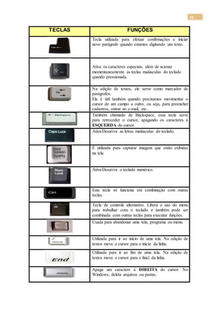 15
TECLAS FUNÇÕES
Tecla utilizada para efetuar confirmações e iniciar
novo parágrafo quando estamos digitando um texto.
Ativa os caracteres especiais, além de acionar
momentaneamente as teclas maiúsculas do teclado
quando pressionada.
Na edição de textos, ele serve como marcador de
parágrafos.
Ela é útil também quando precisamos movimentar o
cursor de um campo a outro, ou seja, para preencher
cadastros, entrar no e-mail, etc..
Também chamado de Backspace, essa tecla serve
para retroceder o cursor, apagando os caracteres à
ESQUERDA do cursor.
Ativa/Desativa as letras maiúsculas do teclado.
É utilizada para capturar imagens que estão exibidas
na tela.
Ativa/Desativa o teclado numérico.
Esta tecla só funciona em combinação com outras
teclas.
Tecla de controle alternativo. Libera o uso do menu
para trabalhar com o teclado e também pode ser
combinada com outras teclas para executar funções.
Usada para abandonar uma tela, programa ou menu.
Utilizada para ir ao início de uma tela. Na edição de
textos move o cursor para o início da linha.
Utilizada para ir ao fim de uma tela. Na edição de
textos move o cursor para o final da linha.
Apaga um caractere à DIREITA do cursor. No
Windows, deleta arquivos ou pastas.
 