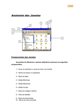 21
Anatomia das Janelas
Componentes das Janelas
As janelas do Windows e demais aplicativos possuem os seguintes
componentes:
1 – Ícone do aplicativo e caixa de menu de controle
2 – Nome do arquivo ou aplicativo
3 – Barra de título
4 – Botão Minimizar
5 – Botão Maximizar
6 – Botão Fechar
7 – Barra de rolagem vertical
8 – Área de trabalho
9 – Barra de ferramentas
10 – Barra de menu principal
 