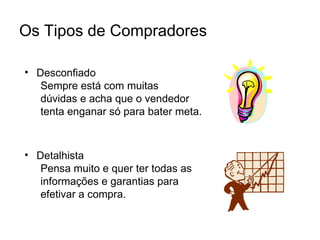 Os Tipos de Compradores

• Desconfiado
   Sempre está com muitas
   dúvidas e acha que o vendedor
   tenta enganar só para bater meta.



• Detalhista
   Pensa muito e quer ter todas as
   informações e garantias para
   efetivar a compra.
 
