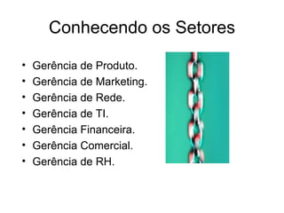 Conhecendo os Setores

•   Gerência de Produto.
•   Gerência de Marketing.
•   Gerência de Rede.
•   Gerência de TI.
•   Gerência Financeira.
•   Gerência Comercial.
•   Gerência de RH.
 