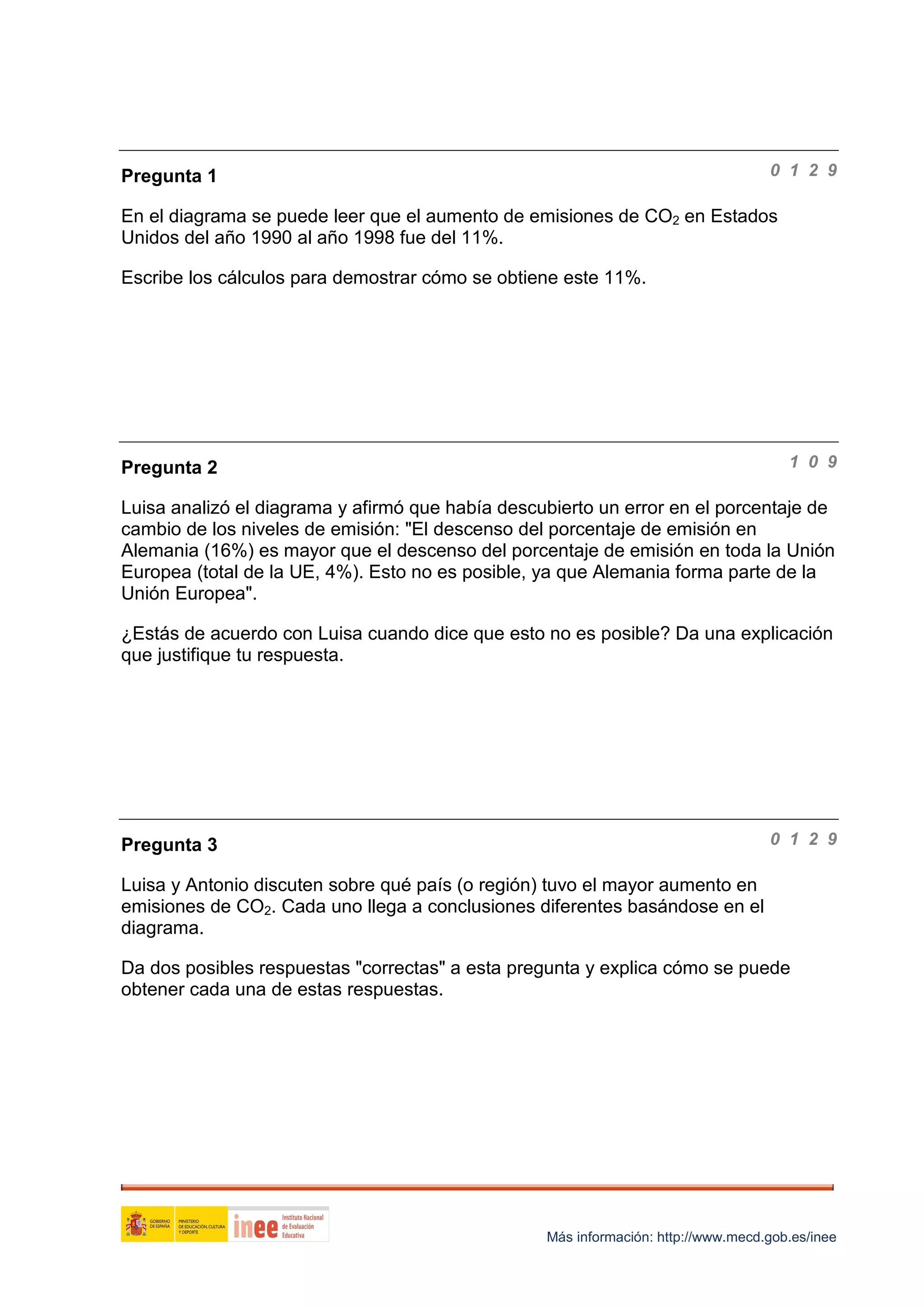 0 1 2 9

Pregunta 1

En el diagrama se puede leer que el aumento de emisiones de CO2 en Estados
Unidos del año 1990 al año 1998 fue del 11%.
Escribe los cálculos para demostrar cómo se obtiene este 11%.

1 0 9

Pregunta 2

Luisa analizó el diagrama y afirmó que había descubierto un error en el porcentaje de
cambio de los niveles de emisión: "El descenso del porcentaje de emisión en
Alemania (16%) es mayor que el descenso del porcentaje de emisión en toda la Unión
Europea (total de la UE, 4%). Esto no es posible, ya que Alemania forma parte de la
Unión Europea".
¿Estás de acuerdo con Luisa cuando dice que esto no es posible? Da una explicación
que justifique tu respuesta.

0 1 2 9

Pregunta 3
Luisa y Antonio discuten sobre qué país (o región) tuvo el mayor aumento en
emisiones de CO2. Cada uno llega a conclusiones diferentes basándose en el
diagrama.

Da dos posibles respuestas "correctas" a esta pregunta y explica cómo se puede
obtener cada una de estas respuestas.

Más información: http://www.mecd.gob.es/inee

 