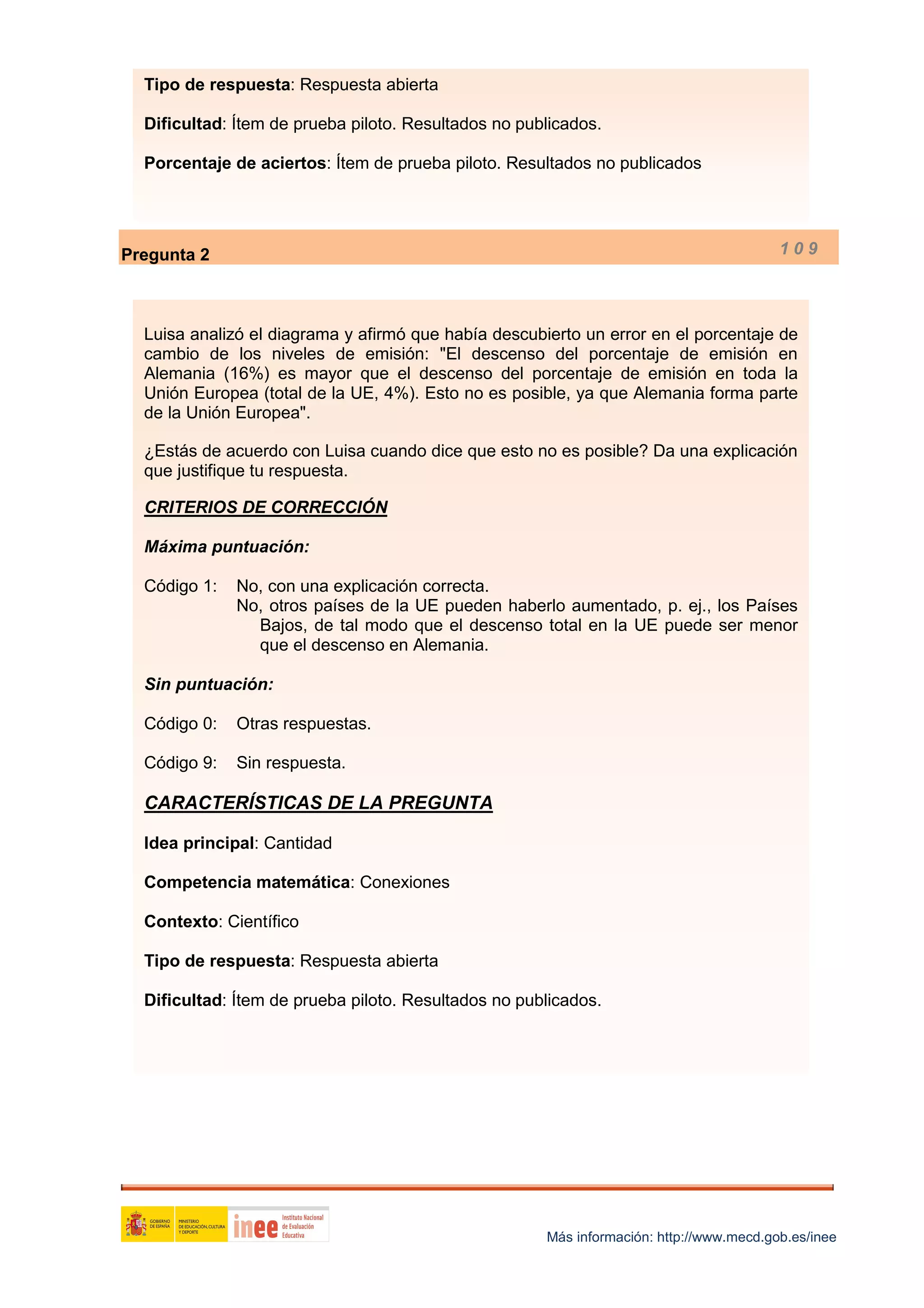 Tipo de respuesta: Respuesta abierta
Dificultad: Ítem de prueba piloto. Resultados no publicados.
Porcentaje de aciertos: Ítem de prueba piloto. Resultados no publicados

109

Pregunta 2

Luisa analizó el diagrama y afirmó que había descubierto un error en el porcentaje de
cambio de los niveles de emisión: "El descenso del porcentaje de emisión en
Alemania (16%) es mayor que el descenso del porcentaje de emisión en toda la
Unión Europea (total de la UE, 4%). Esto no es posible, ya que Alemania forma parte
de la Unión Europea".
¿Estás de acuerdo con Luisa cuando dice que esto no es posible? Da una explicación
que justifique tu respuesta.
CRITERIOS DE CORRECCIÓN
Máxima puntuación:
Código 1:

No, con una explicación correcta.
No, otros países de la UE pueden haberlo aumentado, p. ej., los Países
Bajos, de tal modo que el descenso total en la UE puede ser menor
que el descenso en Alemania.

Sin puntuación:
Código 0:

Otras respuestas.

Código 9:

Sin respuesta.

CARACTERÍSTICAS DE LA PREGUNTA
Idea principal: Cantidad
Competencia matemática: Conexiones
Contexto: Científico
Tipo de respuesta: Respuesta abierta
Dificultad: Ítem de prueba piloto. Resultados no publicados.

Más información: http://www.mecd.gob.es/inee

 