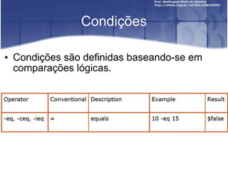 Condições Condições são definidas baseando-se em comparações lógicas. 