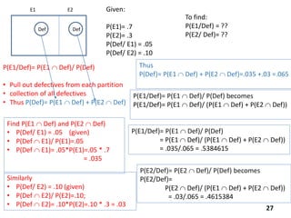 E1 E2
Def Def
Given:
P(E1)= .7
P(E2)= .3
P(Def/ E1) = .05
P(Def/ E2) = .10
To find:
P(E1/Def) = ??
P(E2/ Def)= ??
P(E1/Def)= P(E1  Def)/ P(Def)
• Pull out defectives from each partition
• collection of all defectives
• Thus P(Def)= P(E1  Def) + P(E2  Def)
P(E1/Def)= P(E1  Def)/ P(Def) becomes
P(E1/Def)= P(E1  Def)/ (P(E1  Def) + P(E2  Def))
Find P(E1  Def) and P(E2  Def)
• P(Def/ E1) = .05 (given)
• P(Def  E1)/ P(E1)=.05
• P(Def  E1)= .05*P(E1)=.05 * .7
= .035
Thus
P(Def)= P(E1  Def) + P(E2  Def)=.035 +.03 =.065
P(E1/Def)= P(E1  Def)/ P(Def)
= P(E1  Def)/ (P(E1  Def) + P(E2  Def))
= .035/.065 = .5384615
P(E2/Def)= P(E2  Def)/ P(Def) becomes
P(E2/Def)=
P(E2  Def)/ (P(E1  Def) + P(E2  Def))
= .03/.065 = .4615384
Similarly
• P(Def/ E2) = .10 (given)
• P(Def  E2)/ P(E2)=.10;
• P(Def  E2)= .10*P(E2)=.10 * .3 = .03
27
 