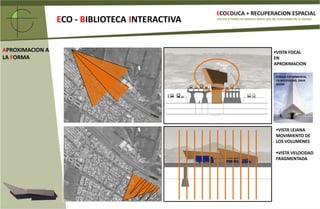 LOCAL DONDE SE TIENE UN CONSIDERABLE NÚMERO DE LIBROS ORDENADOS PARA SU CONSULTA O LECTURAQUE QUIERE SER LA BIBLIOTECABIBLIOTECA=+PAUSA RELACIONAL TRANSFORMADA ENTRE FLUJOS DINAMICOSLIBROCAJAVIDEOSMAPASTIENDAMUSICAPAUSA:TIEMPORELACIONAL: ESPACIO COLECTIVO ACTIVOFRAGMENTADA: PARTES DEL PROGRAMA VINCULADASFLUJOS DINAMICOS: LUGARCHARLASREVISTASINFORMACIONCOMPUTACIONSTANDSINTERNETEXHIBICIONDIAPOSITIVASSALASENTRETENCIONDONDE LOS ACTOS SON DINAMICOS, DISPUESTOS AL USO, AL DISFRUTE, AL DESCUBRIR, A LA SORPRESAALMACENAMIENTO INFORMACION DIGITAL  / ESCRITAESPACIOS FRAGMENTADOS RELACIONADOS+DINAMICAECO-BIBLIOTECAPUBLICO+ADQUIERE CONOCIMIENTOS EDUCACION ENTRETENCIONMEDIOAMBIENTEECOLOGIAENERGIASUSTENTABILIDAD+