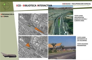 ECOEDUCA + RECUPERACION ESPACIALECO- BIBLIOTECAINTERACTIVAVOLVER A PONER EN SERVICIO ÁREAS QUE NO FUNCIONAN EN LA CIUDADPAUSA RELACIONAL TRANSFORMADA ENTRE FLUJOS DINAMICOSCOMO SE RELACIONAN LAS PARTES DE LA BIBLIOTECA CON EL PROYECTO ECOEDUCA1.- FRAGMENTACION INICIALIDEA FUERZA BACBIBLIOTECA INTERACTIVAUN VOLUMEN [CAJA] DINAMICO TRANSFORMADO POR LOS FLUJOS EN TRES ESPACIOS SEGÚN SU ACTIVIDAD PROGRAMATICAECO-BIBLIOTECA INTERACTIVAFRAGMENTO PRINCIPALABOULEVARD DE INTEGRACIONPLAZA DE LAS LETRASBFRAGMENTO 1UN TODO QUE AL FRAGMENTARSE ALGUNAS DE SUS PARTES PERTENECEN A OTRAS AREAS DEL PROYECTO ECOEDUCAPARQUE EDUCATIVOAREA PRACTICACFRAGMENTO 2COMO SE RELACION LA BIBLIOTECA CON SU PROGRAMA2.- FRAGMENTACION ECO-BIBLIOTECA1ECO-BIBLIOTECA INTERACTIVA2FRAGMENTO PRINCIPALA31.- INTERACTIVO -RECORRER - DESCUBRIR2.- INTERMEDIO - DISTRIBUCION - SERVICIOS3.- PAUSA - ESTAR - SILENCIO