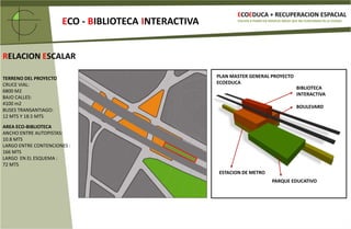 ECOEDUCA + RECUPERACION ESPACIALECO- BIBLIOTECAINTERACTIVAVOLVER A PONER EN SERVICIO ÁREAS QUE NO FUNCIONAN EN LA CIUDADEMPLAZAMINETOSANTIAGO  DE CHILEINTERSECCION DE AMERICO VESPUCIO NORTE CON EL SALTO33º 23` DE LATITUD SUR70º 37` DE LONGITUD OESTE530 METROS SNMORDEN ARQUITECTONICO