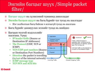 EC-Council
Энгийн багцыг шүүх /Simple packet
filter/
 Багцыг шүүлт нь сүлжээний түвшинд ажилладаг
 Энгийн багцын шүүлт нь багц бүрийг тус тусад нь шалгадаг
• Нэг холболтын багц байсан ч ялгаагүй тусад нь шалгана
 Багц бүрийг дамжуулах эсэхийг тусад нь шийднэ
 Багцын толгой мэдээллийг
шалгана. Үүнд:
• IP header fields (Source or
Destination IP Addresses)
• The Protocol (UDP, TCP or
ICMP)
• TCP/UDP port numbers (Source
or Destination Port Numbers)
• Direction the packet is travelling
(in/out of the internal network)
• ICMP message type
• TCP SYN and ACK bits
 
