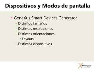 Dispositivos y Modos de pantalla

  • GeneXus Smart Devices Generator
    – Distintos tamaños
    – Distintas resoluciones...