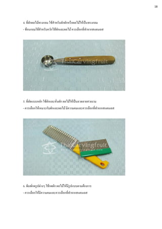 4. ที่ตักผลไม้ทรงกลม ใช้สาหรับตักผักหรือผลไม้ให้เป็นทรงกลม
- ช้อนกลมใช้สาหรับควักไส้ผักและผลไม้ควรเลือกที่ทาจากสแตนเลส
5. ที่ตัดแบบหยัก ใช้ตักและหั่นผัก ผลไม้ให้เป็นลวดลายสวยงาม
- ควรเลือกให้เหมาะกับผักและผลไม้มีความคมและควรเลือกที่ทาจากสแตนเลส
6. พิมพ์กดรูปต่างๆ ใช้กดผัก ผลไม้ให้มีรูปแบบตามต้องการ
- ควรเลือกให้มีความคมและควรเลือกที่ทาจากสแตนเลส
18
 