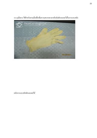 14. ถุงมือยาง ใช้สาหรับสวมมือเพื่อเพิ่มความสะอาดเวลาหยิบจับผักและผลไม้ในการแกะสลัก
- ควรเลือกแบบที่กระชับ แนบเนื้อ
หลักการแกะสลักผักและผลไม้
23
 