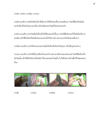 การตัด การฝาน การเจียน การเซาะ
การตัด หมายถึง การทาสิ่งใดสิ่งหนึ่ง ซึ่งต้องการให้เป็นท่อนสั้นยาวตามต้องการ โดยใช้มือหนึ่งจับมีด
และอีกมือหนึ่งจับวัสดุวางบนเขียง แล้วกดมีดลงบนวัสดุให้ขาดออกจากกัน
การฝาน หมายถึง การทาวัสดุสิ่งใดสิ่งหนึ่งให้เป็นแผ่นหรือชิ้นบาง โดยใช้มือจับของไว้ในฝ่ามือหรือวาง
บนเขียง แล้วใช้อีกมือหนึ่งจับมีดกดลงบนของนั้นให้ตรง มีความบางมากหรือน้อยตามต้องการ
การเจียน หมายถึง การทาให้รอบนอกของวัสดุสิ่งใดสิ่งหนึ่งเรียบไม่ขรุขระ หรือเป็นรูปทรงต่างๆ
การเซาะ หมายถึง การทาให้เป็นรอยลึกหรือรอยกว้าง เช่น เซาะเป็นรอยตามประสงค์ โดยใช้มือข้างหนึ่ง
จับวัสดุนั้น แล้วใช้มืออีกข้างหนึ่งจับมีด ให้ทางคมกดกับวัสดุนั้น ไถไปด้วยความเร็วเพื่อให้วัสดุขาดและ
เรียบ
การตัด การฝาน การเจียน การเซาะ
34
 