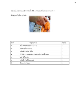 1.6จากนั้นเกลาให้มนแล้วทากลีบเลี้ยงให้โค้งเข้ามาจนถึงกึ่งกลางระหว่างแครอท
ขั้นตอนต่อไปคือการถ่ายทา
ลาดับ วัสดุ/อุปกรณ์ จานวณ
1 เครื่องคอมพิวเตอร์ (Computer) 1
2 อินเตอร์เน็ต(Internet) 1
3 กล้องสาหรับถ่าย วีดีโอ 1
4 โปรแกรมWindows Movie Maker(สาหรับสร้างvdo) 1
5 แผ่น วีดีโอ เปล่า 1
6 กล้องสาหรับใส่แผ่น dvd 1
7 ปริ้นเตอร์ (Printer) 1
56
 