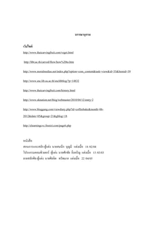 บรรณานุกรม
เว็บไซต์
http://www.thaicarvingfruit.com/veget.html
http://bbt.ac.th/carved/How/how%20to.htm
http://www.moralmedias.net/index.php?option=com_content&task=view&id=33&Itemid=39
http://www.snc.lib.su.ac.th/snclibblog/?p=14832
http://www.thaicarvingfruit.com/history.html
http://www.oknation.net/blog/webmaster/2010/04/12/entry-2
http://www.bloggang.com/viewdiary.php?id=coffeebake&month=06-
2012&date=05&group=21&gblog=18
http://elearningcvc.freetzi.com/page6.php
หนังสือ
สอนการแกะสลัก ผู้แต่ง นายสมนึก บุญมี แต่งเมื่อ 18 /02/04
โปรแกรมคอมพิวเตอร์ ผู้แต่ง นายศักชัย ยิ่งเจริญ แต่งเมื่อ 13 /03/03
ลายสลักศิล ผู้แต่ง นายศิลจิต ทรัพมาก แต่งเมื่อ 22 /04/05
 