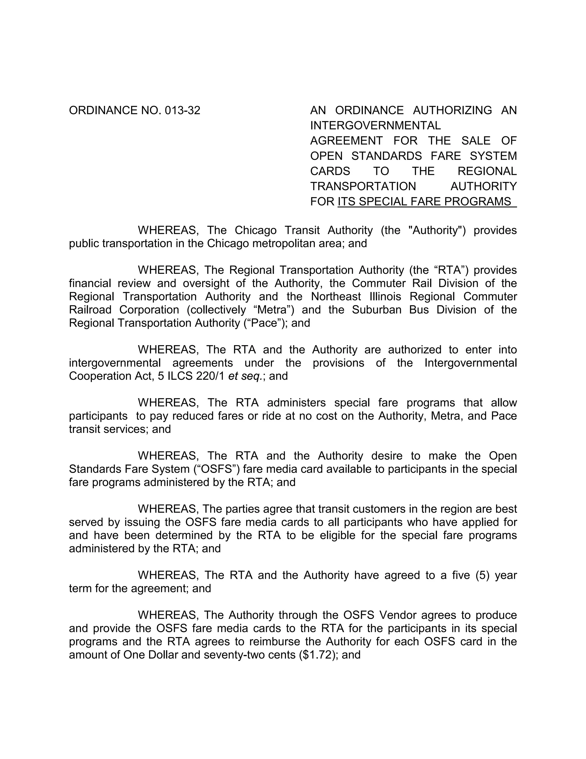 RTA ORDINANCE NO. 01332 re Open Standards Fare System Card PDF