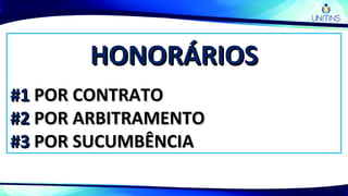 HONORÁRIOSHONORÁRIOS
#1#1 POR CONTRATOPOR CONTRATO
#2#2 POR ARBITRAMENTOPOR ARBITRAMENTO
#3#3 POR SUCUMBÊNCIAPOR SUCUMBÊNCIA
 