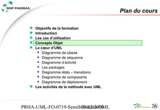 Plan du cours

    Objectifs de la formation
    Introduction
    Les cas d’utilisation
    Concepts Objet
    Le cœur d’UML
       Diagramme de classe
       Diagramme de séquence
       Diagramme d’activité
       Les packages
       Diagramme états – transitions
       Diagramme de composants
       Diagramme de déploiement
    Les activités de la méthode avec UML




PRHA-UML-FO-0719-Sensibilisation-UML
                       08/02/2006                     26
 