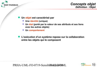 Concepts objet
                                                            Définition : Objet



    Un objet est caractérisé par
         Une identité (unique)
         Un état (porté par la valeur de ses attributs et ses liens
          avec les autres objets)
         Un comportement

    L’exécution d’un système repose sur la collaboration
     entre les objets qui le composent




PRHA-UML-FO-0719-Sensibilisation-UML
                       08/02/2006                                         31
 