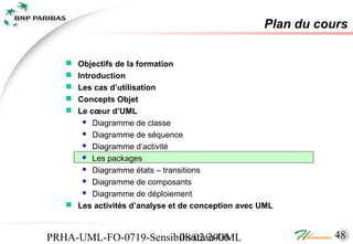 Plan du cours

    Objectifs de la formation
    Introduction
    Les cas d’utilisation
    Concepts Objet
    Le cœur d’UML
       Diagramme de classe
       Diagramme de séquence
       Diagramme d’activité
       Les packages
       Diagramme états – transitions
       Diagramme de composants
       Diagramme de déploiement

    Les activités d’analyse et de conception avec UML



PRHA-UML-FO-0719-Sensibilisation-UML
                       08/02/2006                            48
 