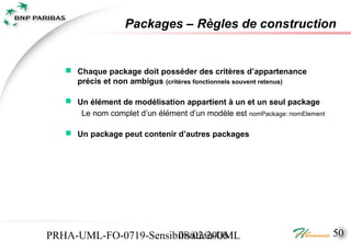 Packages – Règles de construction


    Chaque package doit posséder des critères d’appartenance
     précis et non ambigus (critères fonctionnels souvent retenus)

    Un élément de modélisation appartient à un et un seul package
      Le nom complet d’un élément d’un modèle est nomPackage::nomElement

    Un package peut contenir d’autres packages




PRHA-UML-FO-0719-Sensibilisation-UML
                       08/02/2006                                          50
 