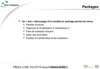 Packages


    Un « bon » découpage d’un modèle en package permet de mieux
       Planifier le travail
       Organiser la modélisation (l ’architecture !)
       Faire de l’analyse d’impact
       Isoler des anomalies
       Faciliter la maintenance et les évolutions




PRHA-UML-FO-0719-Sensibilisation-UML
                       08/02/2006                                  52
 
