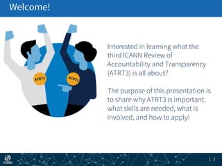 | 2
Welcome!
Interested in learning what the
third ICANN Review of
Accountability and Transparency
(ATRT3) is all about?
T...