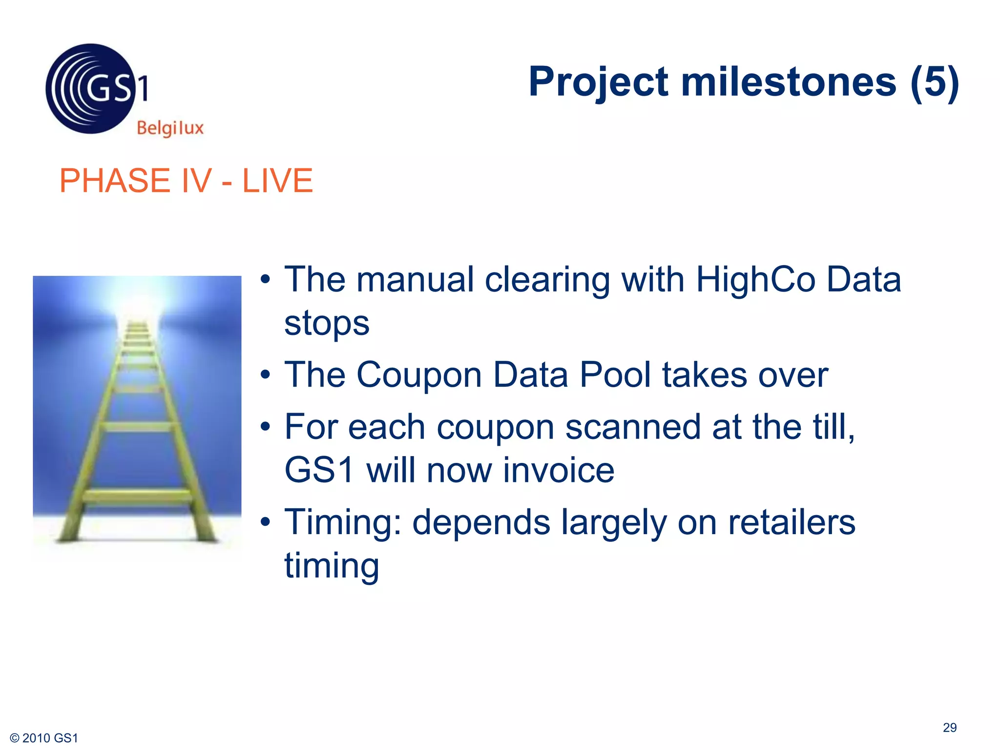 Project milestones (5)

       PHASE IV - LIVE

                  • The manual clearing with HighCo Data
                    stops
                  • The Coupon Data Pool takes over
                  • For each coupon scanned at the till,
                    GS1 will now invoice
                  • Timing: depends largely on retailers
                    timing



                                                           29
© 2010 GS1
 