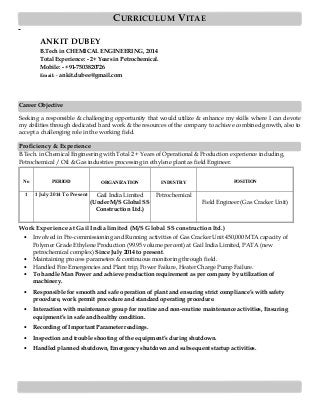 CURRICULUM VITAE
ANKIT DUBEY
B.Tech in CHEMICAL ENGINEERING, 2014
Total Experience: - 2+ Years in Petrochemical.
Mobile: - +91-7503820726
Email: - ankit.dubee@gmail.com
Career Objective
Seeking a responsible & challenging opportunity that would utilize & enhance my skills where I can devote
my abilities through dedicated hard work & the resources of the company to achieve combined growth, also to
accept a challenging role in the working field.
Proficiency & Experience
B.Tech. in Chemical Engineering with Total 2 + Years of Operational & Production experience including,
Petrochemical / Oil & Gas industries processing in ethylene plant as field Engineer.
No PERIOD ORGANIZATION INDUSTRY POSITION
1 1 July 2014 To Present Gail India Limited
(Under M/S Global SS
Construction Ltd.)
Petrochemical
Field Engineer (Gas Cracker Unit)
Work Experience at Gail India limited (M/S Global SS construction ltd.)
• Involved in Pre-commissioning and Running activities of Gas Cracker Unit 450,000 MTA capacity of
Polymer Grade Ethylene Production (99.95 volume percent) at Gail India Limited, PATA (new
petrochemical complex) Since July 2014 to present.
• Maintaining process parameters & continuous monitoring through field.
• Handled Fire Emergencies and Plant trip, Power Failure, Heater Charge Pump Failure.
• To handle Man Power and achieve production requirement as per company by utilization of
machinery.
• Responsible for smooth and safe operation of plant and ensuring strict compliance’s with safety
procedure, work permit procedure and standard operating procedure.
• Interaction with maintenance group for routine and non-routine maintenance activities, Ensuring
equipment’s in safe and healthy condition.
• Recording of Important Parameter readings.
• Inspection and trouble shooting of the equipment’s during shutdown.
• Handled planned shutdown, Emergency shutdown and subsequent startup activities.
 