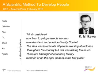 K. Ishikawa   'I first considered  how best to get grassroots workers  to understand and practice Quality Control.  The idea was to educate all people working at factories throughout the country but this was asking too much.  Therefore I thought of educating factory  foremen or on-the-spot leaders in the first place.' Roots Definition Plan Do Check Act People … a standard pattern 