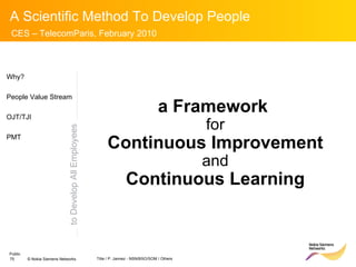 to Develop All Employees a Framework   for Continuous   Improvement and Continuous Learning Why? People Value Stream OJT/TJI PMT 