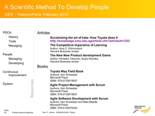 Resources PDCA History Tools Managing People Managing Developing Continuous Improvement System Articles Scrutinizing the art of kata: How Toyota does it http://knowledge.smu.edu.sg/article.cfm?articleid=1253 The Competitive Imperative of Learning Author: Amy C. Edmondson Harvard Business review The New New Product development Game Author: Hirotaka Takeuchi, Ikujiro Nonaka Harvard Business review Books Toyota Way Field Book Authors: Ken Schwaber  Microsoft Press ISBN:  978-0735619937   Agile Project Management with Scrum Authors: Ken Schwaber  Microsoft Press ISBN:  978-0735619937   Agile Software Development with Scrum  Authors: Ken Schwaber and Mike Beedle  Microsoft Press ISBN:  978-0130676344   