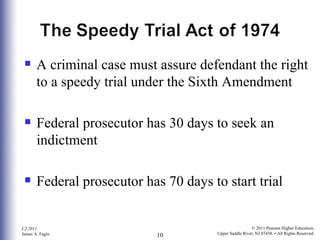 A criminal case must assure defendant the right to a speedy trial under the Sixth Amendment Federal prosecutor has 30 days to seek an indictment Federal prosecutor has 70 days to start trial 