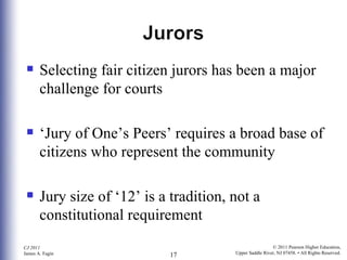 Selecting fair citizen jurors has been a major challenge for courts ‘Jury of One’s Peers’ requires a broad base of citizens who represent the community Jury size of ‘12’ is a tradition, not a constitutional requirement 
