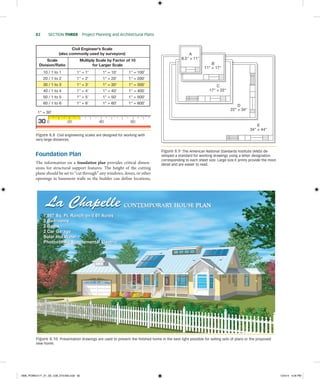 82    section Three  Project Planning and Architectural Plans
Foundation Plan
The information on a foundation plan provides critical dimen-
sions for structural support features. The height of the cutting
plane should be set to “cut through” any windows, doors, or other
openings in basement walls so the builder can define locations,
Figure 8.8  Civil engineering scales are designed for working with
very large distances.
30
1" = 30'
0 20
10 / 1 to 1
20 / 1 to 2
30 / 1 to 3
40 / 1 to 4
50 / 1 to 5
60 / 1 to 6
1" = 1'
1" = 2'
1" = 3'
1" = 4'
1" = 5'
1" = 6'
1" = 10'
1" = 20'
1" = 30'
1" = 40'
1" = 50'
1" = 60'
1" = 100'
1" = 200'
1" = 300'
1" = 400'
1" = 500'
1" = 600'
Scale
Division/Ratio
Multiply Scale by Factor of 10
for Larger Scale
Civil Engineer’s Scale
(also commonly used by surveyors)
40 60
8.5" × 11"
A
B
C
D
E
11" × 17"
17" × 22"
22" × 34"
34" × 44"
Figure 8.9  The American National Standards Institute (ANSI) de-
veloped a standard for working drawings using a letter designation
corresponding to each sheet size. Large size E prints provide the most
detail and are easier to read.
Figure 8.10  Presentation drawings are used to present the finished home in the best light possible for selling sets of plans or the proposed
new home.
1,,,1,1,1,1,111111,1,111111111111111111111111,1,111111,1111,111,11,111,111,1111111,1,11111111111111,1111111,11111111111111111,111111111111111111,11111,,1111,1111,1111111111,,989898777 SqSqSqq.. FFtFt. Rancncnchhh ononn 00 6.6.6.61111 AcAcAcrereresss
33333333333333333333333333333333333333333333333333333333333333333333333333333333333333333333333333333333333333333333333333333333333333333333333333333333333333333333333333333333333333333333333333333333333333333 BeBBeBeBeBeBeBeBeBeBeBeBBBeBeBeeBeBeBBeBeeeBeBeBeBeBeBeBeeBeBeBeBBeBeBeBeeBeBeBeBeBBBBeBBeBBBBBeeBeeeBBeBBBBeeeeBBeBBeeeBBeeeeBBBBeeBeBeeeeBeBeBBBBBBeeeeeeeBeBBeeeeBeeeeBBBeeeBeeeBeeeBBBBeeeeeeBBeeBeeeBeeeeBBBBBBeBeeeBeeeBBeBeBBeeeBeBBeBBBBeeeBBBBeeeBBBeBBeeeeeeeeeBBeeeeeeBBeeBeeeeeBBBeeeeBBBBeeeBBBBeeeeeddddrddddddddddddddddddddddddddddddddddddddddddddddddddddddddddddddddddddddddddddddddddddddddddddddddddddddddddddddddddddddddddddddddddddddd ooooommms
22222222222222222222222222222222222222222222222222222222222 BaBBaBaBaBBaBaBBaBaBBBaBBaBBaBaBBBaBaBBaBaBaBaBaBaBBaBaBBBBBBBBBaBaBaBBBaBaBaBaBBBBBBBaBaBaBaBaBaBBBBBBBaBBaBBBBBBBBaBBaBaBaBBBBaaBaaBaBaBaBaBBaBaBBBBBaaBaBBBaBaaaBaaBBBaBaaaaaaBaaBBBBBaaaBaaBBBBBaaBaBaaaBaBBBBaaaBaaaaaaaBaaaaBBaBBBaaaaaaBBaBaBaBaBaBaBaBBBaaBaBaBBBBaBaaaBBBaBaBaBBaBaaaaBBBBBBaBBBaaaaBaBaaaBaaBaBBaBBaaaaaBaBBBBBaththththtthththththtttttttththtttthtthththththththtthttttttttttttttthtttttthtttttthhhhhhhhthhthhhthhhhhhtttthhthhhhhhhhhtttthhhhhhhhthhtttthtthtthhhhhhthttttthhhhhhhtththhhhtttttttt ssssssssssssssssssssssssssssssssssss
22222222222222222222222222222222 CCCaaaCaCCaCaCaCaCaCaaCCaCCaCCaCCaCaCCaaCaCaCCaCCCaCaCaCaCaCCCCCCaCaCCaCaaCaCaCCCCaaCaCaCCaaCaCCaCCaCaCaCaCaCaaCaCaCaCCaaaaCaCaaaaaaaCCCaaaaCCCaCCCCaCCCCaCCCaaaaaaaaaaCaaaaaaCCCCCCCaCCCCC rrrrrrrrrrrrrrrrrrrrrrrrrrrrrrrrrrrrrrrrrrrrrrrrrrrrrrrr GaGGGaGaGaGaGaGGGaGaGaGaGaGGaGGaGGaGGaGaGGaGGGaGaGaGGGGaGaGaGGGGGaGaGaGaGaGaGaGGGaGGGaGGGaGaGaGaGaGGGGGGGGaGGGGaaGaGGGGGaGGGGaGaGaGGaGaGGGaaaGGGaGGGGGGGGaGGGaGaGGGGGGaGGGaGGGGGGaGGaGGGaGGGGaGGGGGGGaGGGaGaaaaGaGGGGaGGGGaaaaaaGGGGGGaGGaaaaaaaaaGGGGGGaaaaaaaaaaaaaaGGGGGGGaaaaaaaaaGaaGaGaaaaGaaaGaGGGGGGGGGGGGGaGGGGGGGGGGaGGGGGaGGGGaaGGGGaGGGaaGGGararrrrrrrrrrrarrrrrrarrrrrrrrrrrrrrrrrrrrrrrrrrrrrrrrrrrrrarrrrarrrr gegegegegegg
SoSoSoSooSSoSoSoSoSoSoSoSoSoSSSoSoSoSSoSSSSoSoSSoSoSoSoSoSSSoSooSSoSSSSSSSSoSoSSoSoooSSooooSooSoooooSoSooooSSSooSSSSSooSoooooooooooooolalalalalalalalallalaalaalalalalalaalalaaalaalalallallaaaaaaaaaarrrrrrrrrrrrrrrrrrrrrrrrrrrrrrrrrrrrrrrrrrrrrrrrrrrrrrrrrrrrrrrrrrrrrrrrrrrrrrrrrrrrrrrrrrrrrrrrrrrrrrrrrrrrrrrrrrrrrrrr HHoHoHoHoHHoHHoHoHoHoHoHoHoHoHoHoHoHoHooHoooHooHHHoHoHHoHooHoHoHHHoHHoHooHHHHHHHoooHoHoHoHHHHHoHoHHHHHHHoHoHoHoHoooHHHHHHoHoHoHoHHoooHooHHHHoHoHHHHoHoooooooHHHooHoHoooHooHooooHooHooHoooHoHHoHoHooHoHooHoHHoHoHoHoHHooHooHHooooHoHHHoHHooHoHoHooHoHHoHHHoHoHoHoHHHoHoHoHHooHoHoHHoHHHHHooHHoooooooooooHHooooooootttttttttttttttttttttttttttttttttttttttttttttttttttttttttttttttttttttttttttttttttttttttttttttttttttttttttttttttttttttttttttttttttttttttttt WaWaWWWWWWWWWWWWWWWWWWWWW teteteteterrrrr
PhPhPhPhPhPhPhPhPhPhPhPhhPhhPhPhhPhPhPhhhPhhhhhhPPhhhPhhhhhhhhhhhhhhhhhhhPhPhhhhhPhhPhPhhPP otototototttttttotototttttttotootottttottototoottttotooottotootoototootottottttttttootoootovovovovovovovooovovovovovovovovooovovovovovovovoovovoooovoovovoovooovoooooooooovovovoooooooooooo ooloolololollolololloollooollolllolllolllooolooolooloooololoooooooooooolooolloloooooooloooloooooolololololooooolololoolooolllololloolooooooooooooooooloooooooolooooooloollloooolllooooolooooo tttttattttatattttattttattattttttatatattaatatatatatatataaaaattatatataaataatatataaaaatataatataaaaattttattattttaaataatttttttataaaattttatttaaattaaaaataataaaaaaaaaaaaaicicicici SSSSSSSSSupuppppppppppppuppuppupupupupupupupupuuuuuuuuuupupuupupuppppupupupuppuppppupuuuppuuuuuuuppppppppppppppppppppppppppppppplplplllplplplpllllplplplppllllplplplllplpllpplplllllpllllllplpllllplplplplppplppppplpppllpplpppplpplpplllpllllpppppplppplpppplppllplplppppppppplplpppplplplpppplpplplpppppplplppplppplppplpppplplppppplpppplppplppllppllplpplpplplplppplllplppplpllplpllppllpplpppplllppppplllppppppppppppppppppppppppppppppppppp eememememememememmememememememememememeememmmeemeemmmeeeeemeeemmmmeeeeemmeeeeemeeeeemmememeeeeeeemeemeeeeemeeemeeeeeeemeeemmeeeemeeemmemmmmmmmmemmmeeeeeeeeeeeeeeeee eneneeneneneneneneneneenenenenenenenenenennenenenenenneneeeennenneneennneneeeeeneeeeneeeeeneeneneenenneennenennnnenennnenneeeennnnnneeeneneennennnennne tatatatatatataaaatataatatataatatatattaaaaatttataattttatttatatatatttttttatattaaaaatatatataaaaaaaaaaaaatatataataaaaaaaaatataataaatataaataatataaaataaaataataaaataaataattaaaaaaataaaaaaaaataaaaaaaaaaaaaaaaaaaaaaaaaaaaaaataaaaaaataaaatatttaaaatallllllllllllllllllllllllllllllllllllllllllllllllllllllllllllllllllllllllllllllllllll EEEEEEEElEEEEEEEEEEEEEEEEEEEEEEEEEEEEEEEEEEEEEEEEEEEEEEEEEEEEEEEEEEEEEEEEEEEEEEEEEEEEEEEEEEEElElEEEEEElEEEEEEEEEEEEEElEEEE ecececectrtrtriicicic
1,987 Sq. Ft. Ranch on 0.61 Acres
3 Bedrooms
2 Baths
2 Car Garage
Solar Hot Water
Photovoltaic Supplemental Electric
M08_POWE4171_01_SE_C08_074-093.indd 82 12/4/14 4:04 PM
 