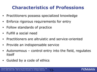 13-
Freeman/Decker/Decker, Planning and Administering Early Childhood Programs, 10e
© 2012, 2008, 2005, 2001, 1995 by Pearson Education, Inc. All Rights Reserved
Characteristics of Professions
• Practitioners possess specialized knowledge
• Enforce rigorous requirements for entry
• Follow standards of practice
• Fulfill a social need
• Practitioners are altruistic and service-oriented
• Provide an indispensable service
• Autonomous – control entry into the field, regulates
itself
• Guided by a code of ethics
 