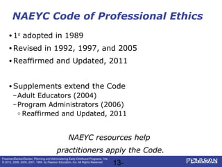 13-
Freeman/Decker/Decker, Planning and Administering Early Childhood Programs, 10e
© 2012, 2008, 2005, 2001, 1995 by Pearson Education, Inc. All Rights Reserved
NAEYC Code of Professional Ethics
• 1st
adopted in 1989
• Revised in 1992, 1997, and 2005
• Reaffirmed and Updated, 2011
• Supplements extend the Code
– Adult Educators (2004)
– Program Administrators (2006)
○ Reaffirmed and Updated, 2011
NAEYC resources help
practitioners apply the Code.
 
