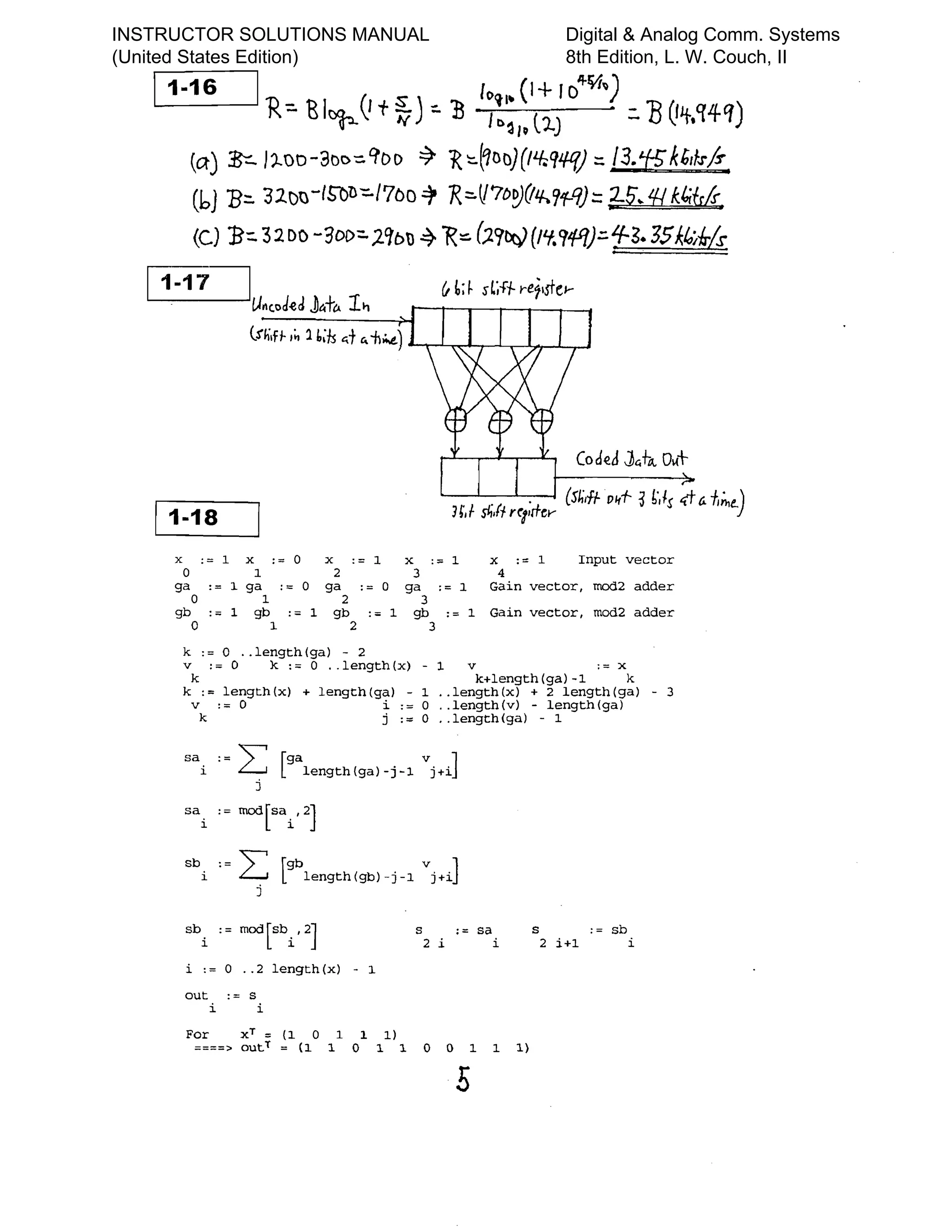 1 1-16 I R (S ) [()~1-' (I + JD~o/I~)
:. EI~ I t i1 ::. 'B J,,~/. t1.) :: 'B ~Jt,'l4q)
(a) ~ J:Lt)O-3DlY~ crbD ~ R'::.(qOQ)(t4l/i/f) :: 13.1-5k~/fJ"fr
(6] B::. 31t)~ -U;on-='/7oo:1 R:::.V7tJ~(j~91-q) '= 7-5~ 'H kl;cfs!r
(c) :B-=- 32. DO'" jDe>=' 2'tbTJ ~ ~~ (;l9~ (I'f.9'f-Jl)=-~3. 35~ki!J.!r
[i-17=-J	 ~ t; ~ sL;ff. re1lsto­
- Urc.oJ~J Jt4+o. 1~
l!ti,ff' ,~ 1 b~-h ~t
(S~/ff ()lfi-
"-h~) .......,.--L..-,~-r--.L,--J.;,--L.-r-l
COd~J :l~t~ o~t

. . ~ ~',Is 4t(,. 1i;"e.)]r,f sf,,(j Y(3,rrey1-18
x .- 1 x .- 0 x .- 1 x .- 1 x .- 1 Input vector

0 1 2 3 4

ga .- 1 ga .- 0 ga .- 0 ga .- 1 Gain vector, mod2 adder

0 1 2 3

gb .- 1 gb .- 1 gb .- 1 gb .- 1 Gain vector, mod2 adder

0 1 2 3

k := 0 .. length(ga) - 2
v	 : = 0 k: = 0 .. length (x) - 1 v : = X
k k+length(ga)-l k
k := length (x) + length (ga) - 1 .. length{x) + 2 length (ga) - 3
v	 := 0 i := 0 .. length (v) - length (ga)

k j := 0 .. length (ga) - 1

sa
i
sb	 v:= V [9b	 ]
i ~ length(gb)-j-l j+i
j
s := sa s := sb
2 i i 2 i+1 i
sb
i
i := 0 .. 2 length (x) - 1
out := S
i i
For
====>
x T = (I 0
outT = (1
1
1
1
0
1)
1 1 0 0 I l l )
5
INSTRUCTOR SOLUTIONS MANUAL
(United States Edition)
Digital & Analog Comm. Systems
8th Edition, L. W. Couch, II
 