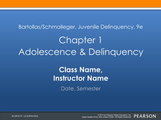 Bartollas/Schmalleger, Juvenile Delinquency, 9e 
Chapter 1 
Adolescence & Delinquency 
Class Name, 
Instructor Name 
Date, Semester 
© 2014 by Pearson Higher Education, Inc 
Upper Saddle River, New Jersey 07458 • All Rights Reserved 
 