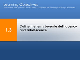 Learning Objectives 
After this lecture, you should be able to complete the following Learning Outcomes 
Define the terms juvenile delinquency 
and adolescence. 
1.3 
 