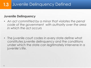 Juvenile Delinquency Defined 
1.3 
Juvenile Delinquency 
• An act committed by a minor that violates the penal 
code of the government with authority over the area 
in which the act occurs 
• The juvenile court codes in every state define what 
constitutes juvenile delinquency and the conditions 
under which the state can legitimately intervene in a 
juvenile’s life. 
12 
 