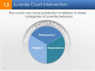 Juvenile Court Intervention 
The courts can have jurisdiction in relation to three 
categories of juvenile behavior. 
14 
Delinquency 
Neglect Dependency 
1.3 
 