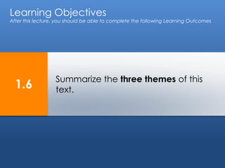 Learning Objectives 
After this lecture, you should be able to complete the following Learning Outcomes 
Summarize the three themes of this 
text. 
1.6 
 