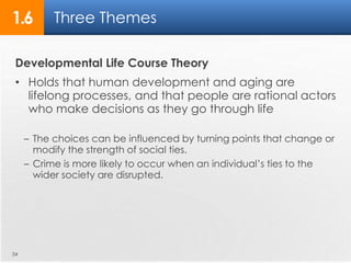 1.6 Three Themes 
Developmental Life Course Theory 
• Holds that human development and aging are 
lifelong processes, and that people are rational actors 
who make decisions as they go through life 
– The choices can be influenced by turning points that change or 
modify the strength of social ties. 
– Crime is more likely to occur when an individual’s ties to the 
wider society are disrupted. 
34 
 