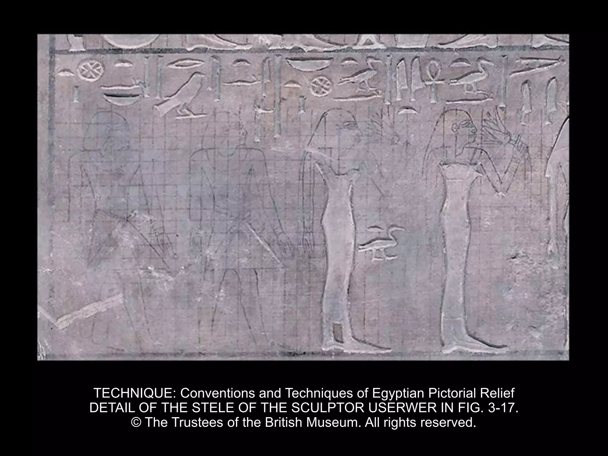 TECHNIQUE: Conventions and Techniques of Egyptian Pictorial Relief
DETAIL OF THE STELE OF THE SCULPTOR USERWER IN FIG. 3-17.
© The Trustees of the British Museum. All rights reserved.
 