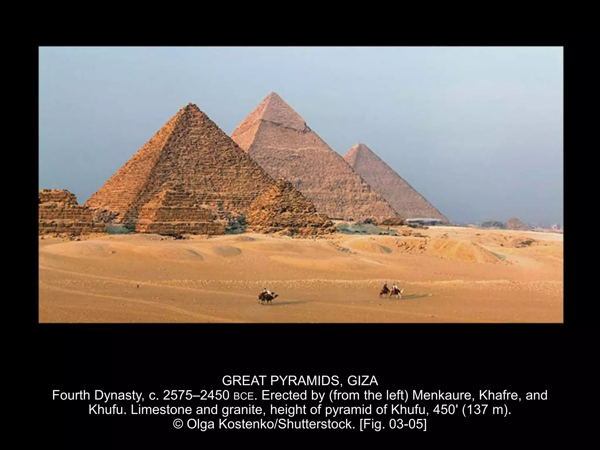 GREAT PYRAMIDS, GIZA
Fourth Dynasty, c. 2575–2450 BCE. Erected by (from the left) Menkaure, Khafre, and
Khufu. Limestone and granite, height of pyramid of Khufu, 450' (137 m).
© Olga Kostenko/Shutterstock. [Fig. 03-05]
 