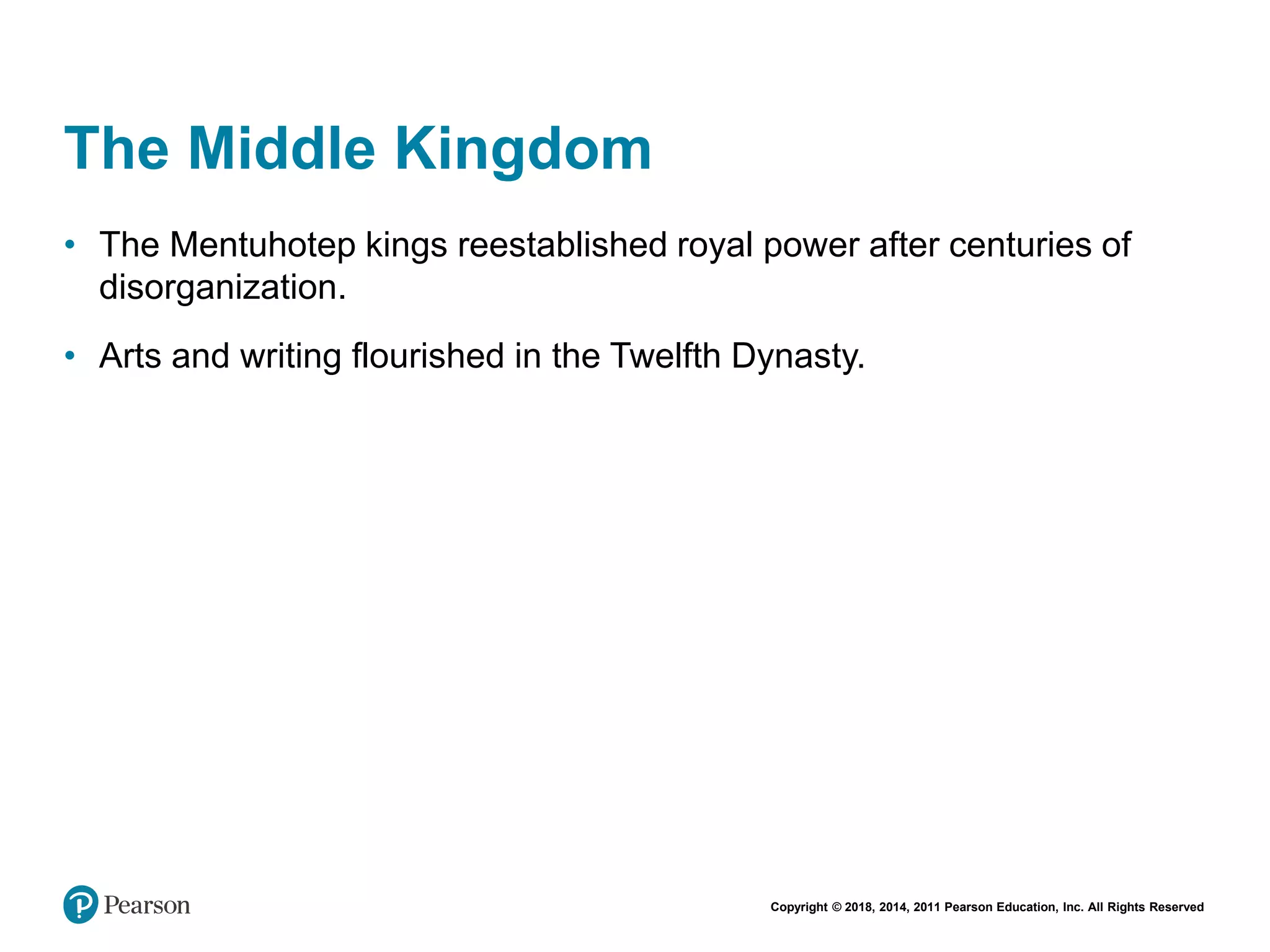 Copyright © 2018, 2014, 2011 Pearson Education, Inc. All Rights Reserved
The Middle Kingdom
• The Mentuhotep kings reestablished royal power after centuries of
disorganization.
• Arts and writing flourished in the Twelfth Dynasty.
 